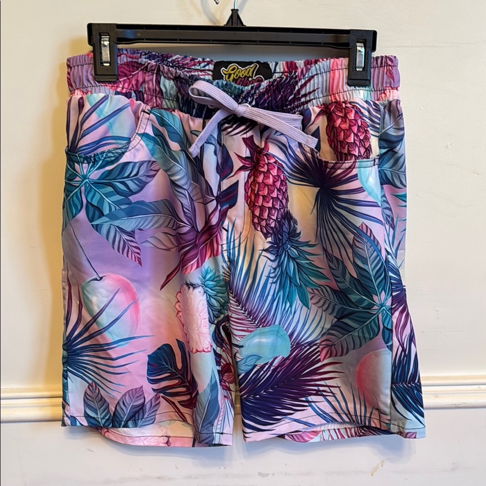 Pink and Purple Hybrid Shorts with Tropical Print swim‎ trunk sz large